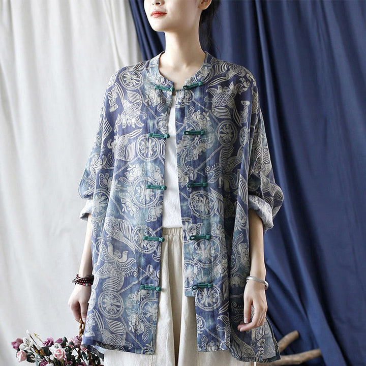 Giacca camicia in lino ramiè a maniche lunghe con bottoni a rana, Buddha Stones, uccelli, fiori e geometria