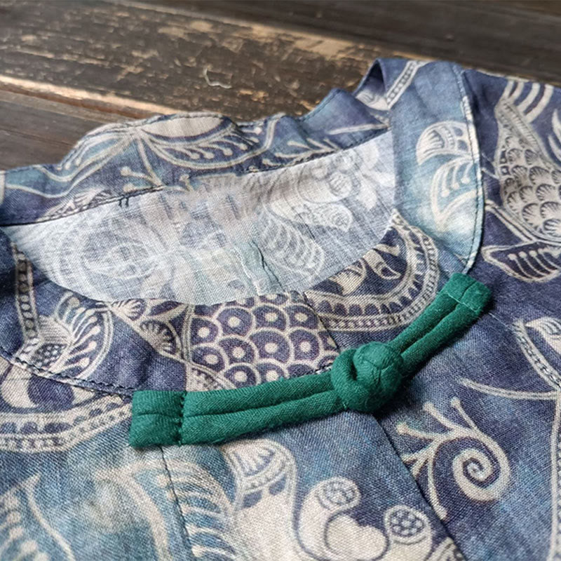 Giacca camicia in lino ramiè a maniche lunghe con bottoni a rana, Buddha Stones, uccelli, fiori e geometria