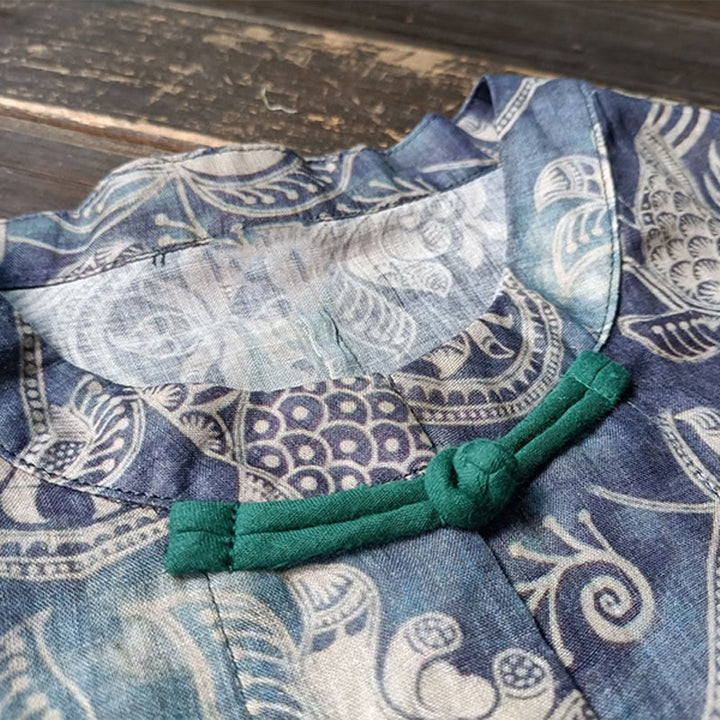 Giacca camicia in lino ramiè a maniche lunghe con bottoni a rana, Buddha Stones, uccelli, fiori e geometria