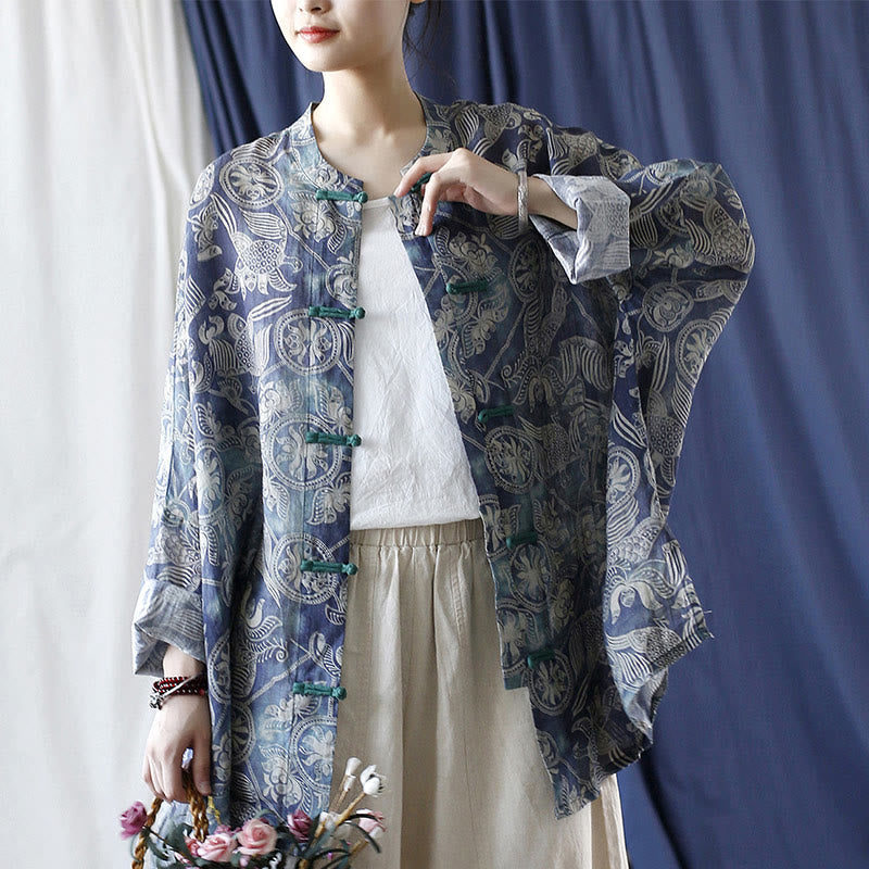 Giacca camicia in lino ramiè a maniche lunghe con bottoni a rana, Buddha Stones, uccelli, fiori e geometria