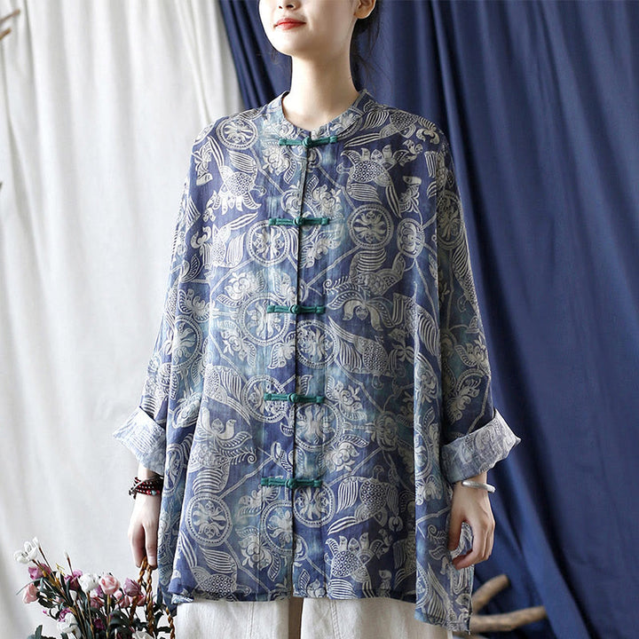Giacca camicia in lino ramiè a maniche lunghe con bottoni a rana, Buddha Stones, uccelli, fiori e geometria