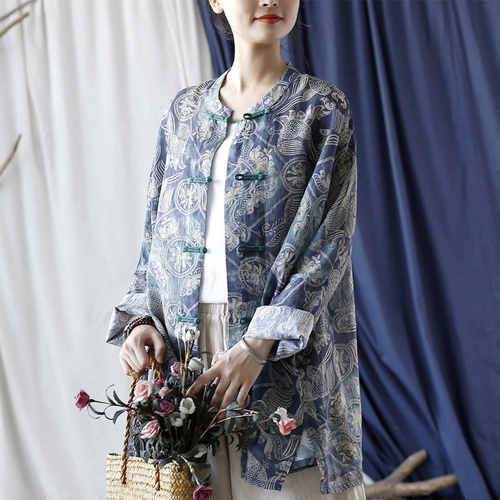 Giacca camicia in lino ramiè a maniche lunghe con bottoni a rana, Buddha Stones, uccelli, fiori e geometria