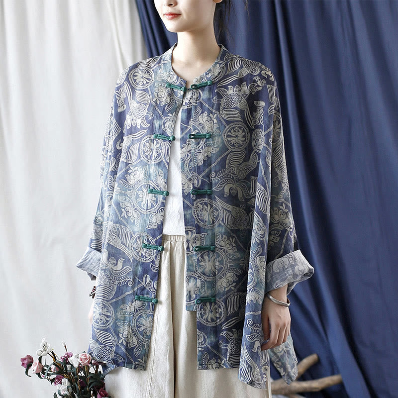 Giacca camicia in lino ramiè a maniche lunghe con bottoni a rana, Buddha Stones, uccelli, fiori e geometria