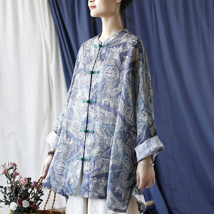 Giacca camicia in lino ramiè a maniche lunghe con bottoni a rana, Buddha Stones, uccelli, fiori e geometria
