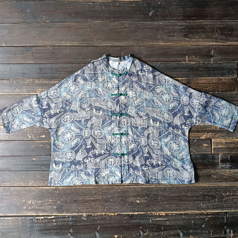 Giacca camicia in lino ramiè a maniche lunghe con bottoni a rana, Buddha Stones, uccelli, fiori e geometria