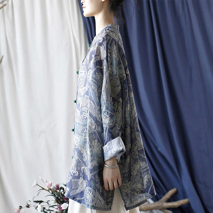 Giacca camicia in lino ramiè a maniche lunghe con bottoni a rana, Buddha Stones, uccelli, fiori e geometria