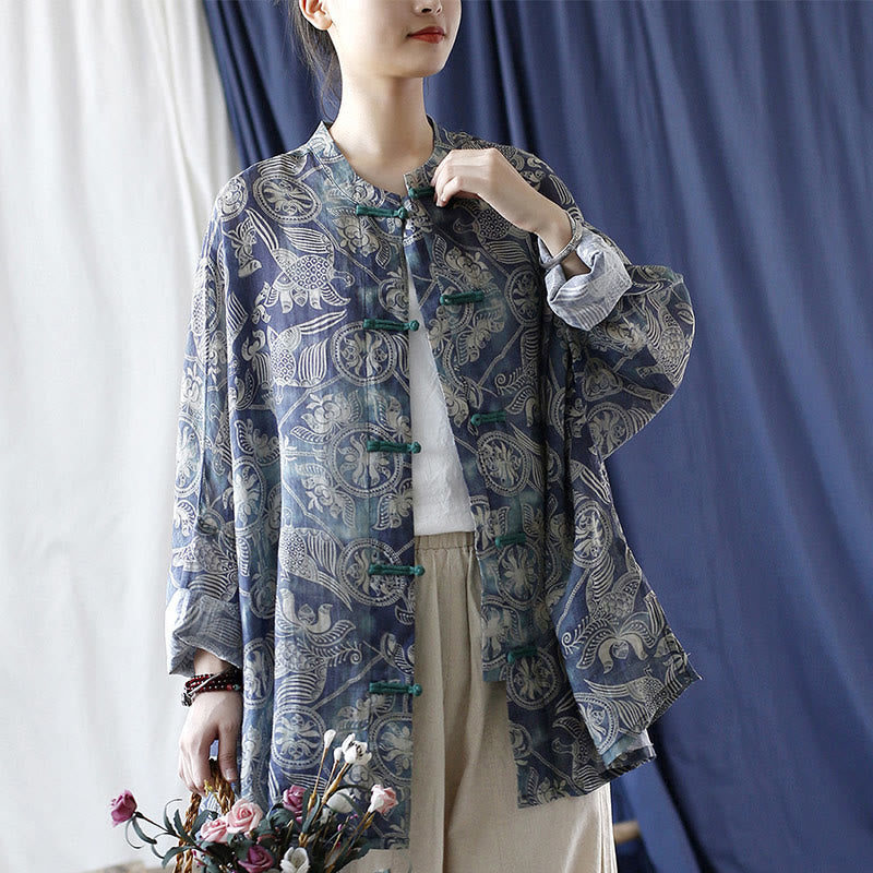 Giacca camicia in lino ramiè a maniche lunghe con bottoni a rana, Buddha Stones, uccelli, fiori e geometria