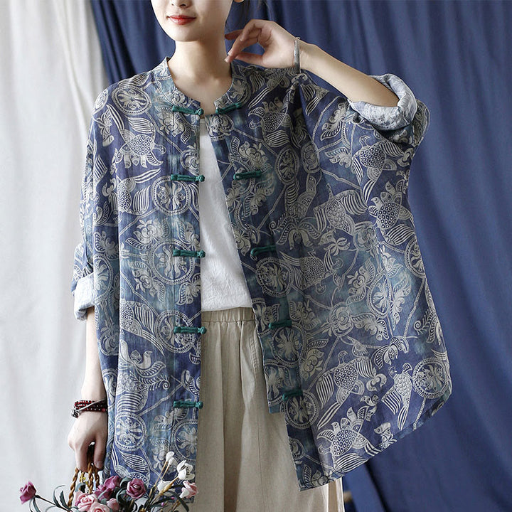 Giacca camicia in lino ramiè a maniche lunghe con bottoni a rana, Buddha Stones, uccelli, fiori e geometria