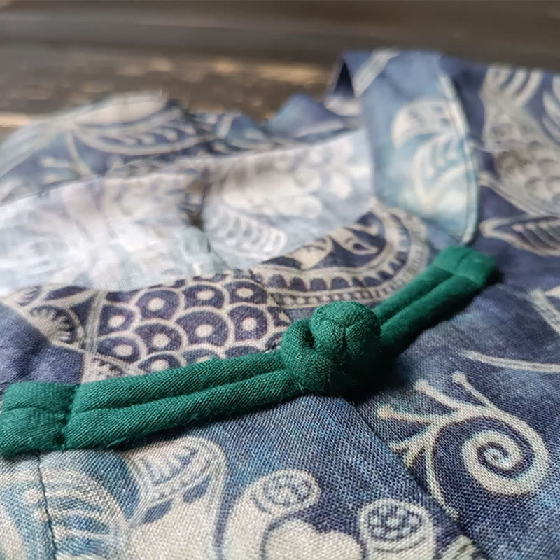 Giacca camicia in lino ramiè a maniche lunghe con bottoni a rana, Buddha Stones, uccelli, fiori e geometria - image 8