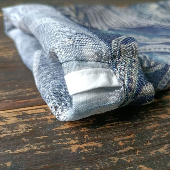 Giacca camicia in lino ramiè a maniche lunghe con bottoni a rana, Buddha Stones, uccelli, fiori e geometria