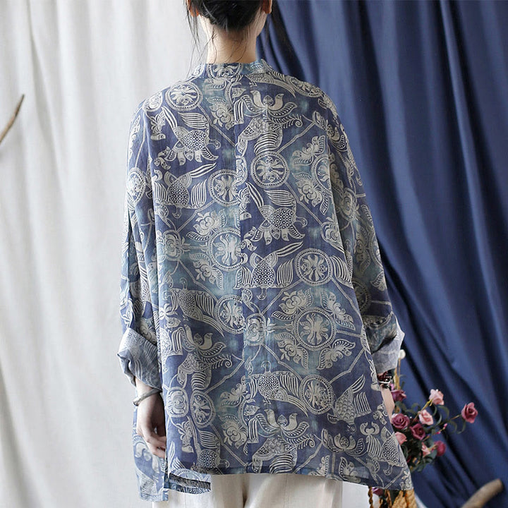 Giacca camicia in lino ramiè a maniche lunghe con bottoni a rana, Buddha Stones, uccelli, fiori e geometria