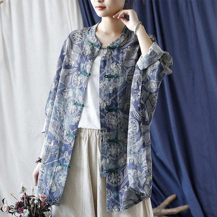 Giacca camicia in lino ramiè a maniche lunghe con bottoni a rana, Buddha Stones, uccelli, fiori e geometria
