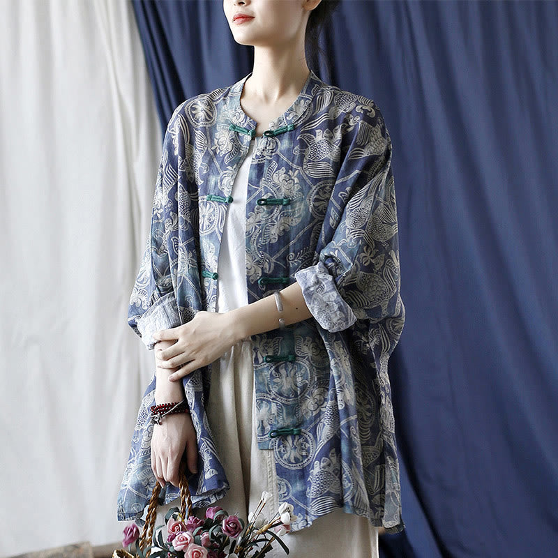 Giacca camicia in lino ramiè a maniche lunghe con bottoni a rana, Buddha Stones, uccelli, fiori e geometria