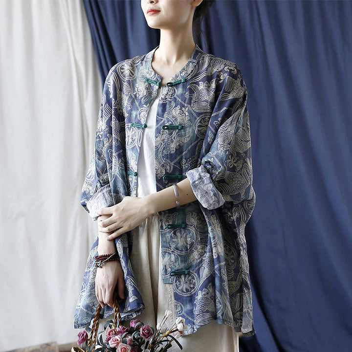 Giacca camicia in lino ramiè a maniche lunghe con bottoni a rana, Buddha Stones, uccelli, fiori e geometria