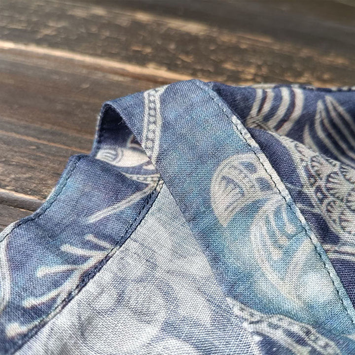 Giacca camicia in lino ramiè a maniche lunghe con bottoni a rana, Buddha Stones, uccelli, fiori e geometria