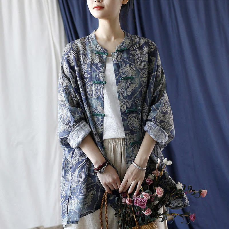 Giacca camicia in lino ramiè a maniche lunghe con bottoni a rana, Buddha Stones, uccelli, fiori e geometria