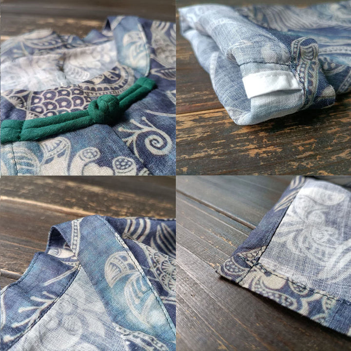 Giacca camicia in lino ramiè a maniche lunghe con bottoni a rana, Buddha Stones, uccelli, fiori e geometria