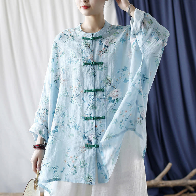Giacca camicia in lino ramiè a maniche lunghe con bottoni a rana , Buddha Stones, fiori rosa verde chiaro, foglie verdi