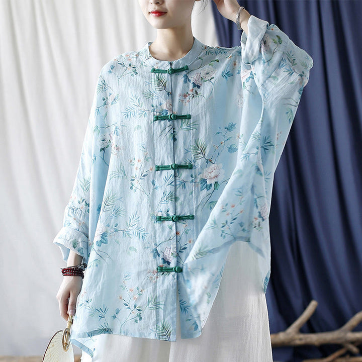 Giacca camicia in lino ramiè a maniche lunghe con bottoni a rana , Buddha Stones, fiori rosa verde chiaro, foglie verdi