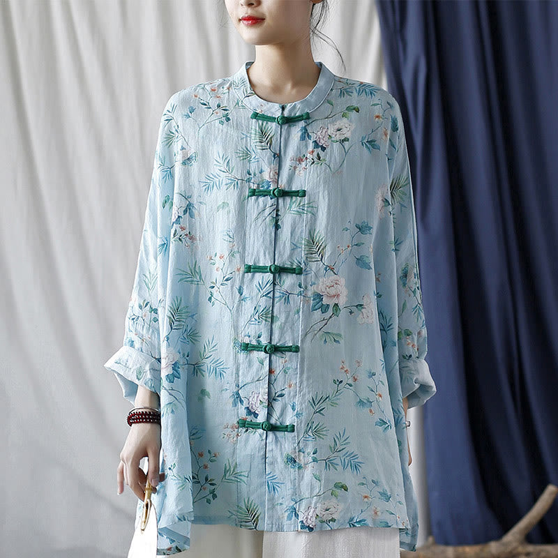 Giacca camicia in lino ramiè a maniche lunghe con bottoni a rana , Buddha Stones, fiori rosa verde chiaro, foglie verdi
