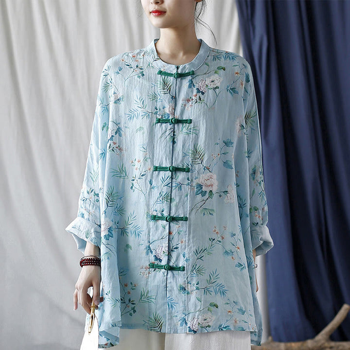 Giacca camicia in lino ramiè a maniche lunghe con bottoni a rana , Buddha Stones, fiori rosa verde chiaro, foglie verdi