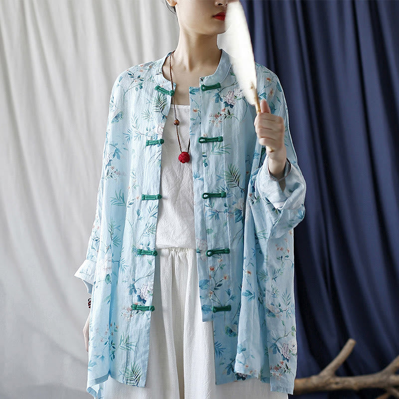 Giacca camicia in lino ramiè a maniche lunghe con bottoni a rana , Buddha Stones, fiori rosa verde chiaro, foglie verdi