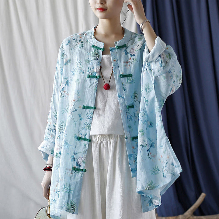 Giacca camicia in lino ramiè a maniche lunghe con bottoni a rana , Buddha Stones, fiori rosa verde chiaro, foglie verdi