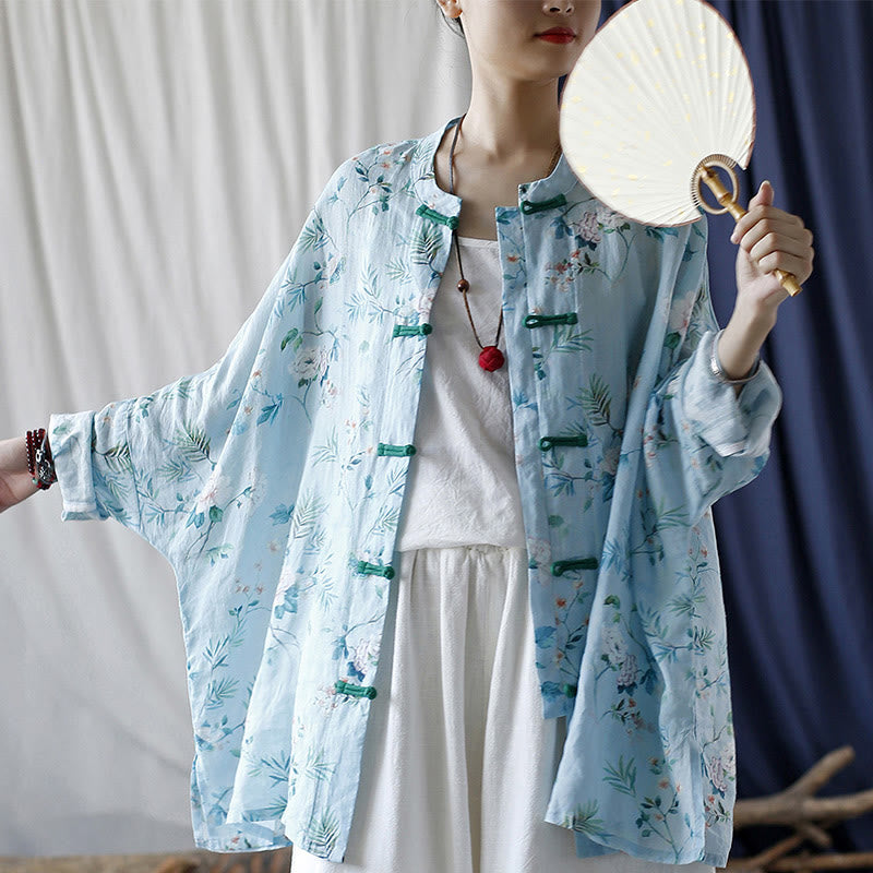 Giacca camicia in lino ramiè a maniche lunghe con bottoni a rana , Buddha Stones, fiori rosa verde chiaro, foglie verdi