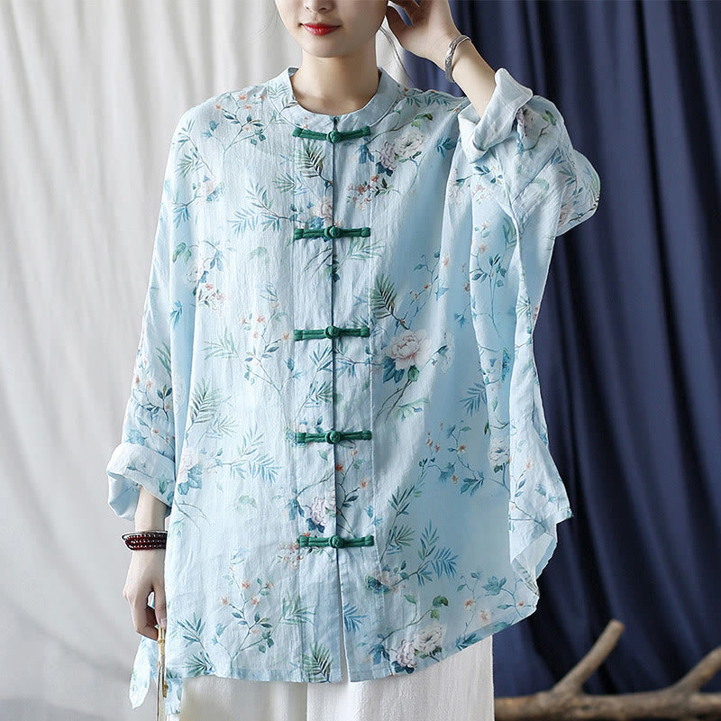 Giacca camicia in lino ramiè a maniche lunghe con bottoni a rana , Buddha Stones, fiori rosa verde chiaro, foglie verdi