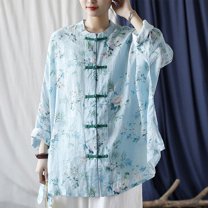 Giacca camicia in lino ramiè a maniche lunghe con bottoni a rana , Buddha Stones, fiori rosa verde chiaro, foglie verdi