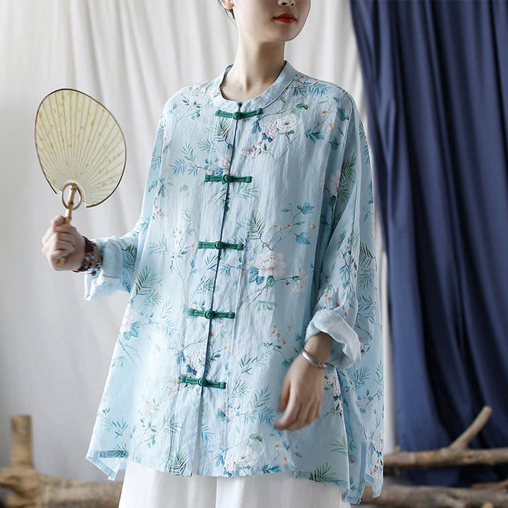 Giacca camicia in lino ramiè a maniche lunghe con bottoni a rana , Buddha Stones, fiori rosa verde chiaro, foglie verdi