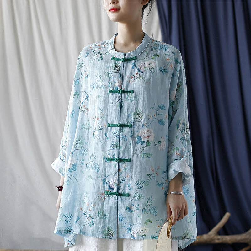 Giacca camicia in lino ramiè a maniche lunghe con bottoni a rana , Buddha Stones, fiori rosa verde chiaro, foglie verdi
