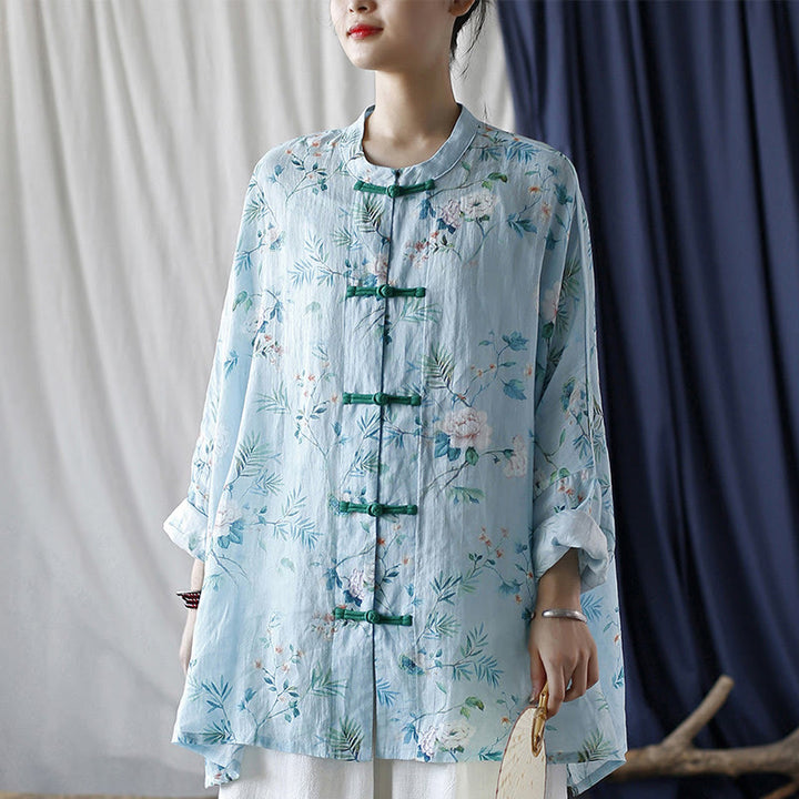 Giacca camicia in lino ramiè a maniche lunghe con bottoni a rana , Buddha Stones, fiori rosa verde chiaro, foglie verdi