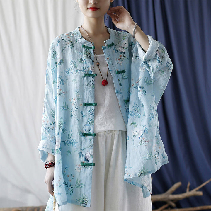 Giacca camicia in lino ramiè a maniche lunghe con bottoni a rana , Buddha Stones, fiori rosa verde chiaro, foglie verdi