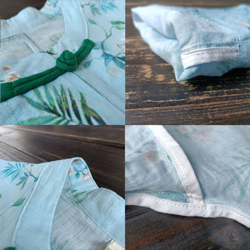 Giacca camicia in lino ramiè a maniche lunghe con bottoni a rana , Buddha Stones, fiori rosa verde chiaro, foglie verdi