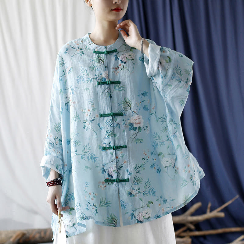 Giacca camicia in lino ramiè a maniche lunghe con bottoni a rana , Buddha Stones, fiori rosa verde chiaro, foglie verdi
