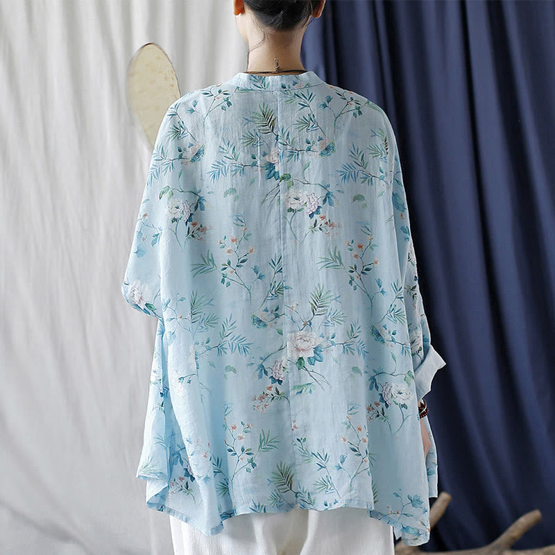 Giacca camicia in lino ramiè a maniche lunghe con bottoni a rana , Buddha Stones, fiori rosa verde chiaro, foglie verdi