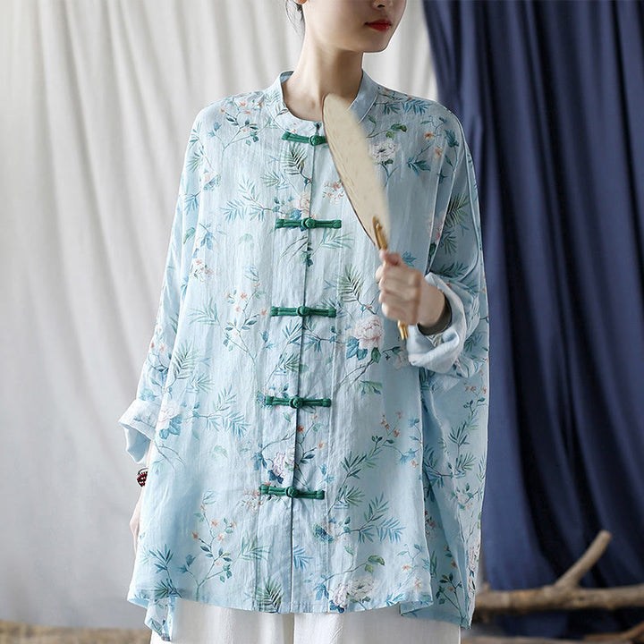 Giacca camicia in lino ramiè a maniche lunghe con bottoni a rana , Buddha Stones, fiori rosa verde chiaro, foglie verdi