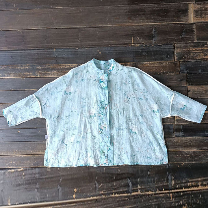 Giacca camicia in lino ramiè a maniche lunghe con bottoni a rana , Buddha Stones, fiori rosa verde chiaro, foglie verdi