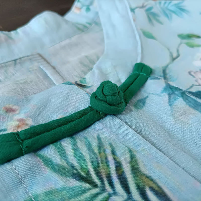 Giacca camicia in lino ramiè a maniche lunghe con bottoni a rana , Buddha Stones, fiori rosa verde chiaro, foglie verdi