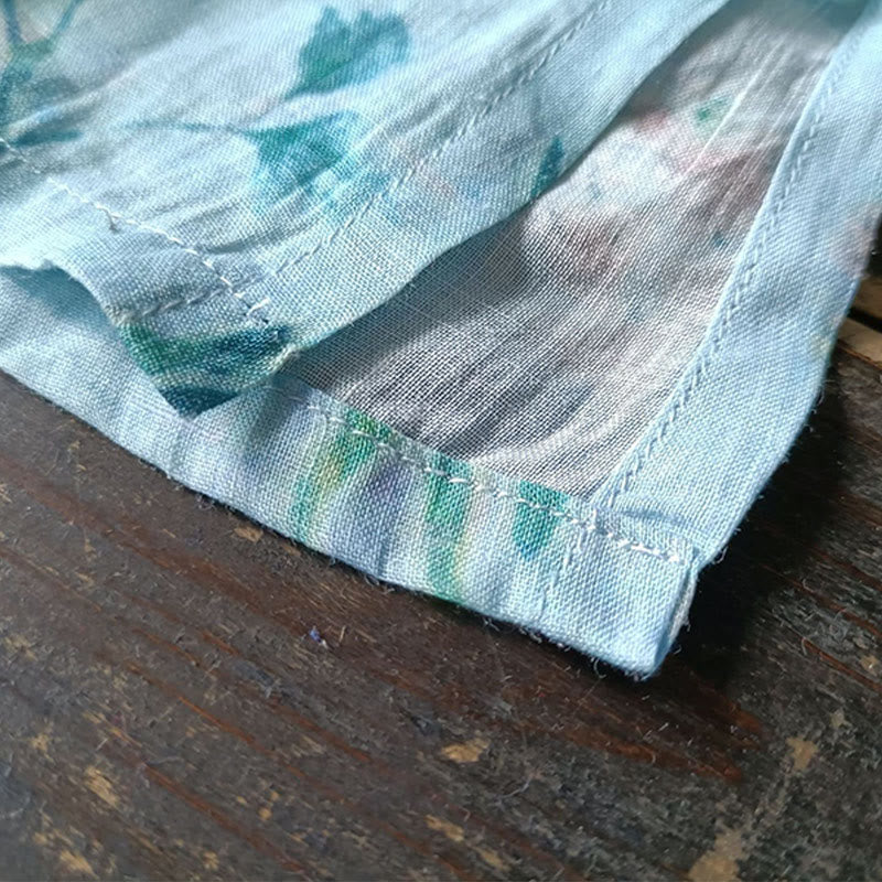 Giacca camicia in lino ramiè a maniche lunghe con bottoni a rana , Buddha Stones, fiori rosa verde chiaro, foglie verdi