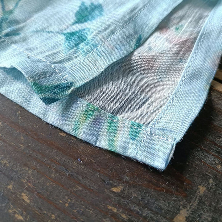 Giacca camicia in lino ramiè a maniche lunghe con bottoni a rana , Buddha Stones, fiori rosa verde chiaro, foglie verdi