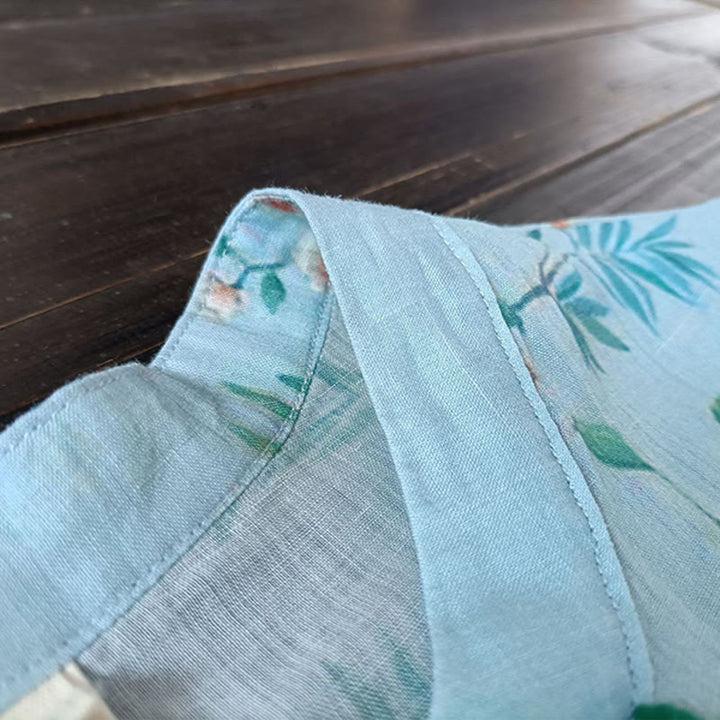 Giacca camicia in lino ramiè a maniche lunghe con bottoni a rana , Buddha Stones, fiori rosa verde chiaro, foglie verdi