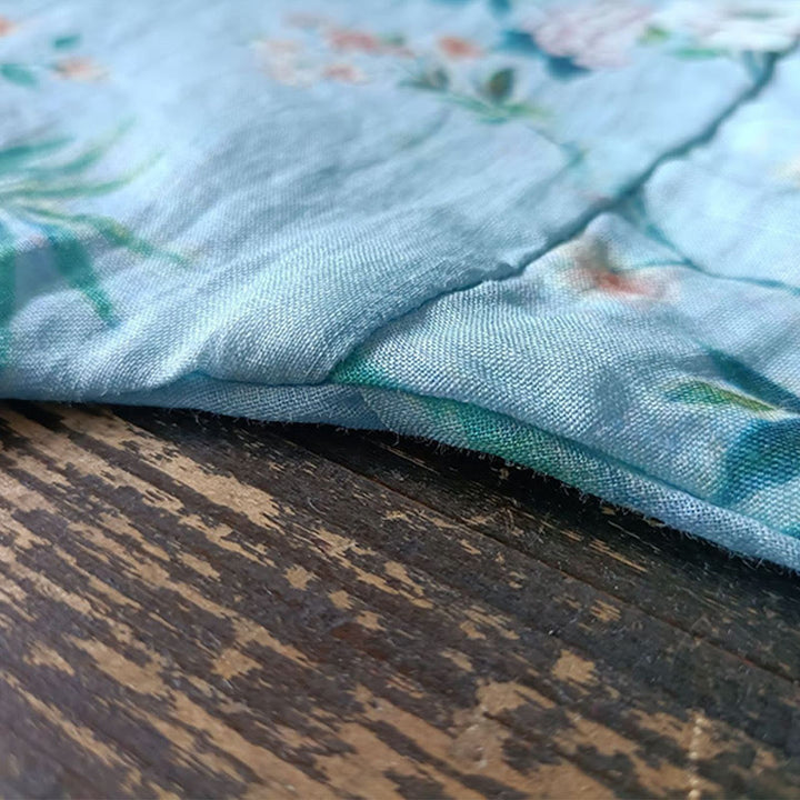 Giacca camicia in lino ramiè a maniche lunghe con bottoni a rana , Buddha Stones, fiori rosa verde chiaro, foglie verdi