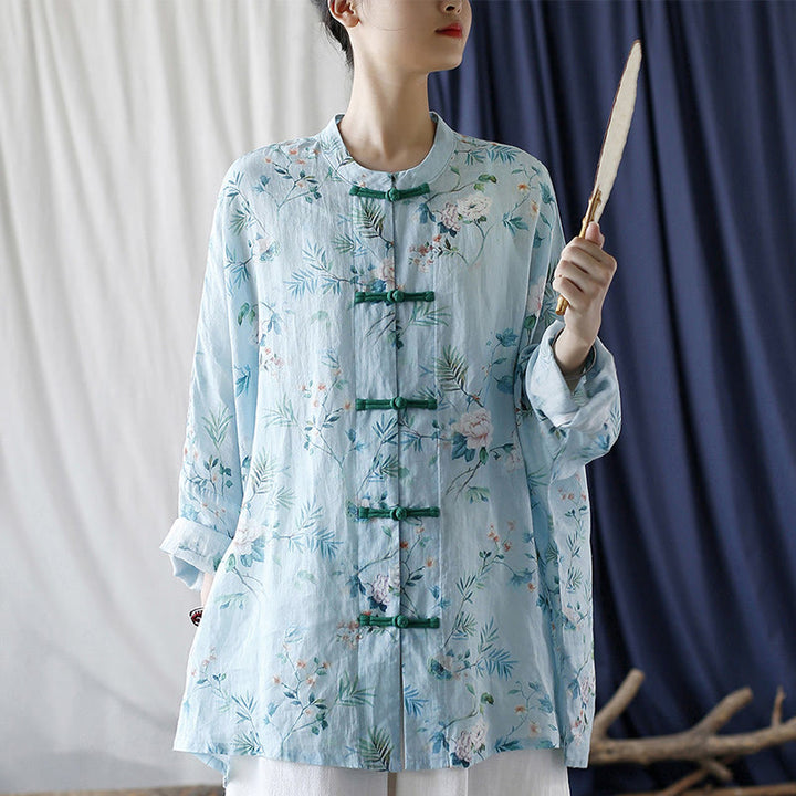 Giacca camicia in lino ramiè a maniche lunghe con bottoni a rana , Buddha Stones, fiori rosa verde chiaro, foglie verdi