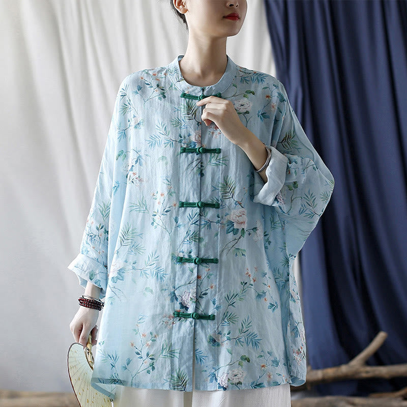 Giacca camicia in lino ramiè a maniche lunghe con bottoni a rana , Buddha Stones, fiori rosa verde chiaro, foglie verdi