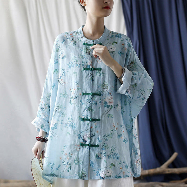 Giacca camicia in lino ramiè a maniche lunghe con bottoni a rana , Buddha Stones, fiori rosa verde chiaro, foglie verdi