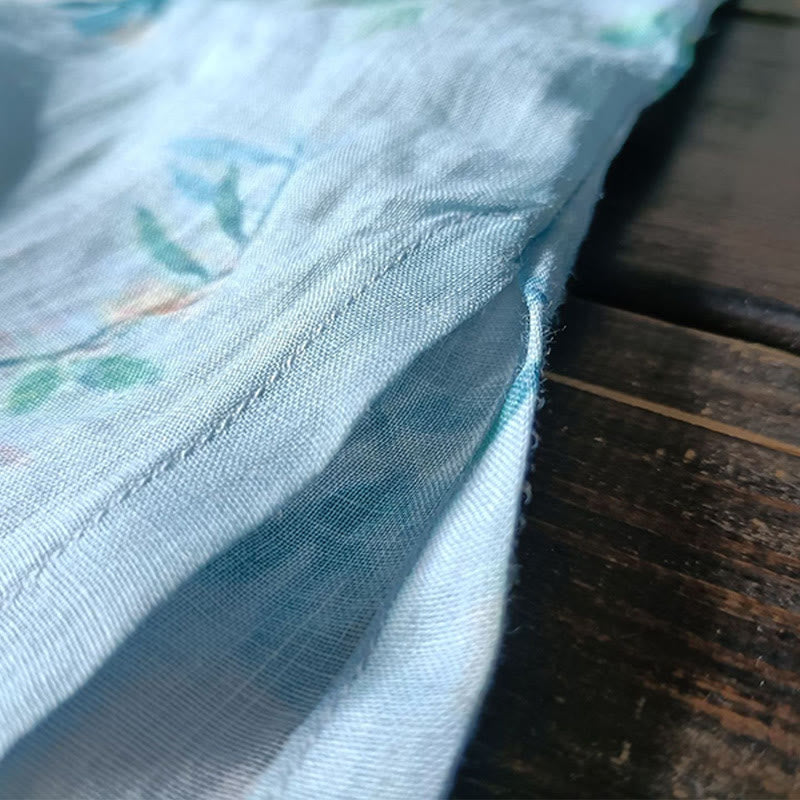 Giacca camicia in lino ramiè a maniche lunghe con bottoni a rana , Buddha Stones, fiori rosa verde chiaro, foglie verdi