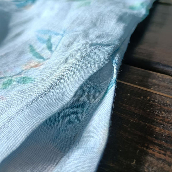 Giacca camicia in lino ramiè a maniche lunghe con bottoni a rana , Buddha Stones, fiori rosa verde chiaro, foglie verdi