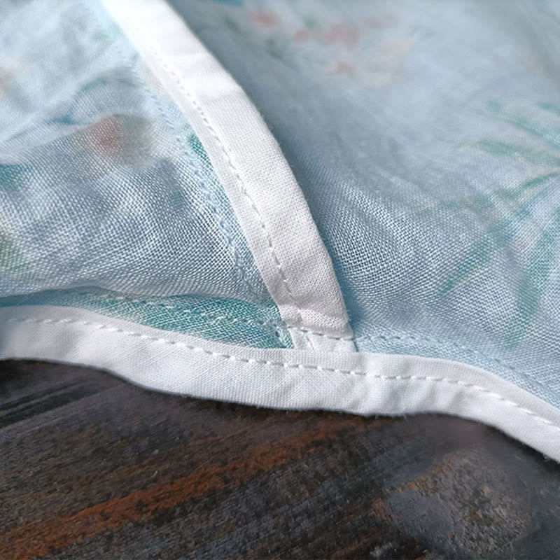 Giacca camicia in lino ramiè a maniche lunghe con bottoni a rana , Buddha Stones, fiori rosa verde chiaro, foglie verdi